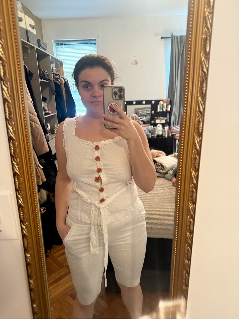 Rampage White Pinstripe Button-Front Romper with Brown Buttons